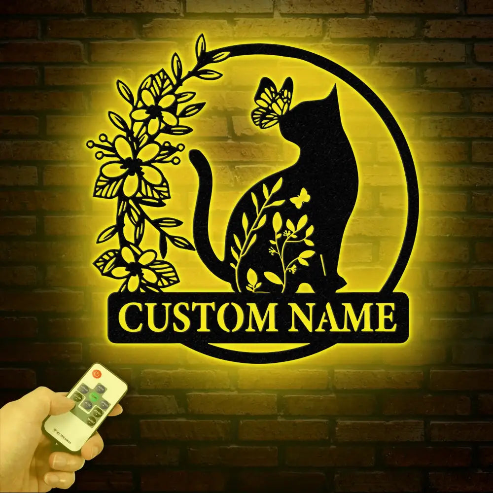 Custom TBack Cat Metal Sign with Led Lights Personalized Floral Cat Metal Sign Cat Wall Art Custom Cat Name Sign Pet