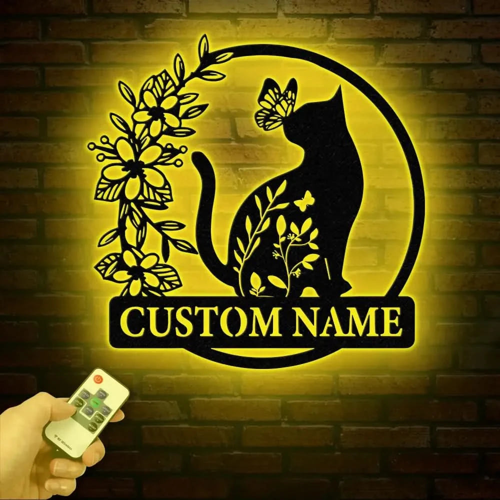 Custom TBack Cat Metal Sign with Led Lights Personalized Floral Cat Metal Sign Cat Wall Art Custom Cat Name Sign Pet