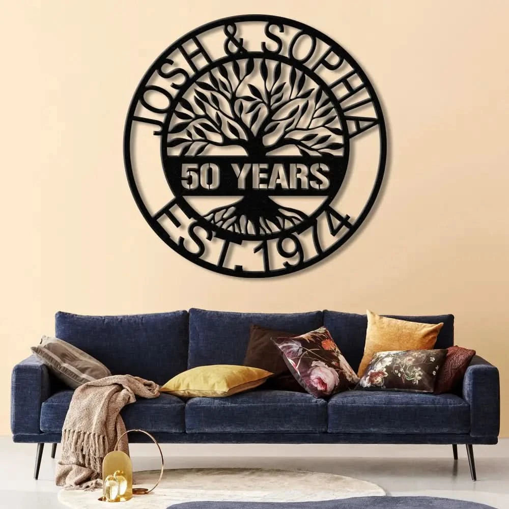 Custom Tree of Life Anniversary Metal Sign with LED Light 50th Wedding Anniversary Gift Personalized Family Name Wall