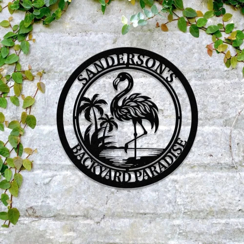 Custom Tropical Flamingo Metal Sign Personalized Backyard Decor with Palm Trees Pool Sign Home Decor For Backyard