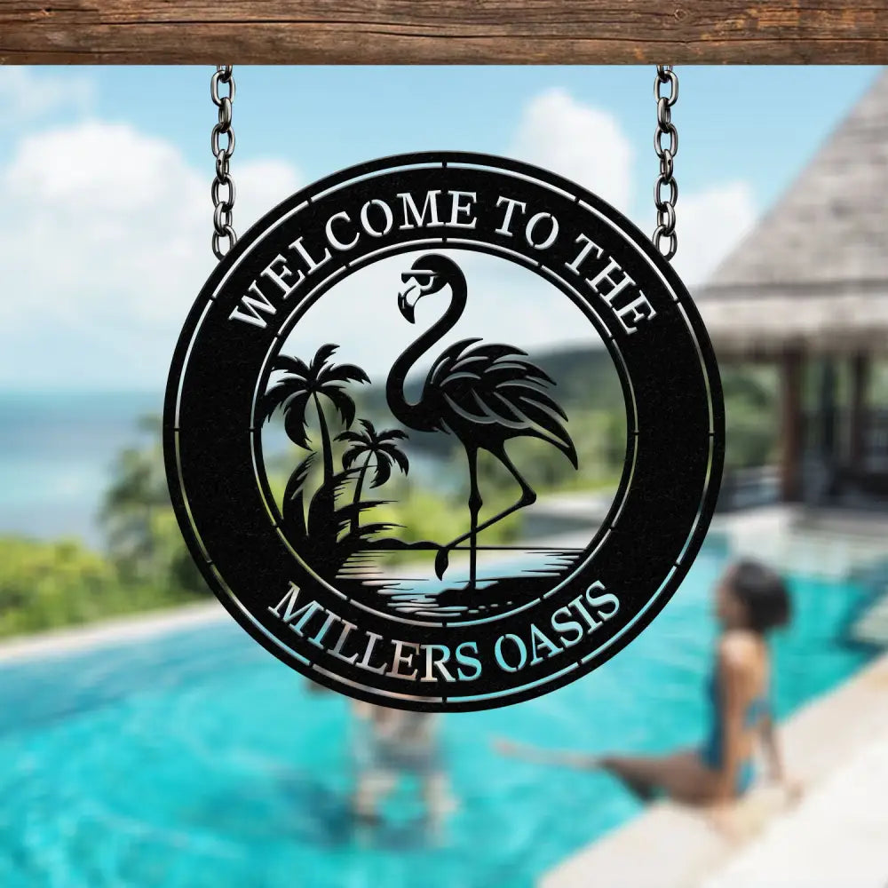Custom Tropical Flamingo Metal Sign Personalized Outdoor Patio Decor with Palm Trees Pool Sign Home Decor For Backyard