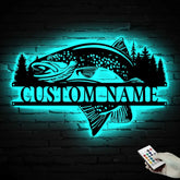 Custom Trout Fishing Metal Wall Art with Led Light - Char Fishing Gifts for Men - Fisher Name Sign - Cabin Decor