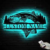 Custom Trout Fishing Metal Wall Art with Led Light - Char Fishing Gifts for Men - Fisher Name Sign - Cabin Decor