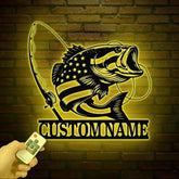 Custom US Flag Fishing Metal Sign with Led Lights Fish name Sign Personalized Fish Wall Art Gift for Fisherman Fishing