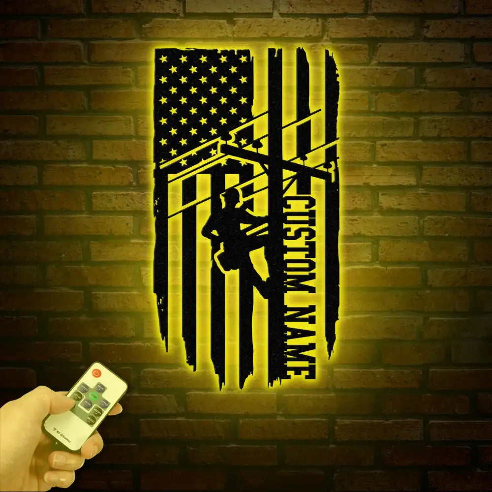 Custom US Lineman Metal Wall Art with LED Light Personalized Electrical Worker Name Sign Electrician Home Decor