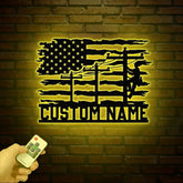 Custom US Lineman Metal Wall Art with LED Light Personalized Electrical Worker Name Sign Electrician Home Decor