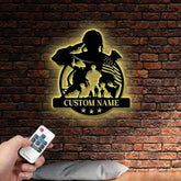 Custom US Soldier Military Metal Wall Art LED Light Personalized American Army Name Sign Veteran Patriotic Decoration