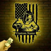 Custom Welding American Flag Metal Wall Art with LED Light Personalized Welder Name Sign Unique Home Decor & Gift for