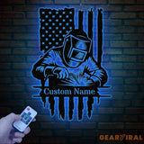 Custom Welding American Flag Metal Wall Art with LED Light Personalized Welder Name Sign Unique Home Decor & Gift for