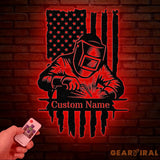 Custom Welding American Flag Metal Wall Art with LED Light Personalized Welder Name Sign Unique Home Decor & Gift for