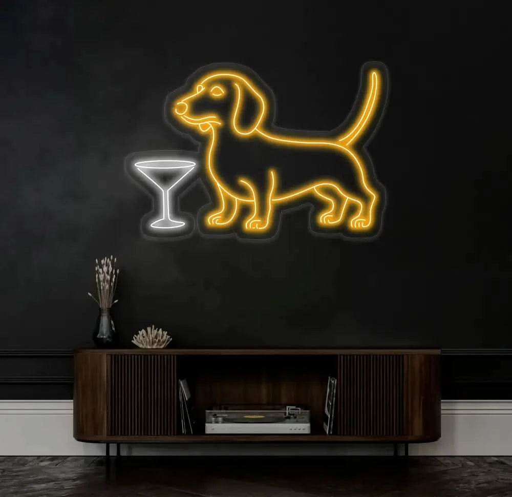 Custom Wine & Dachshund Neon Sign Dachshund Martini Led Sign Martini Neon Light Cocktail Light Bar Pub Wall Art Dog