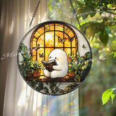 Cute Character Reading Suncatcher Cozy Window Glass Panel Book Lover Decor Plant Lover Window Art Whimsical Butterfly