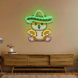 Cute Dog Eating Tacos With Sombreno Hat Artwork Led Neon Sign Light