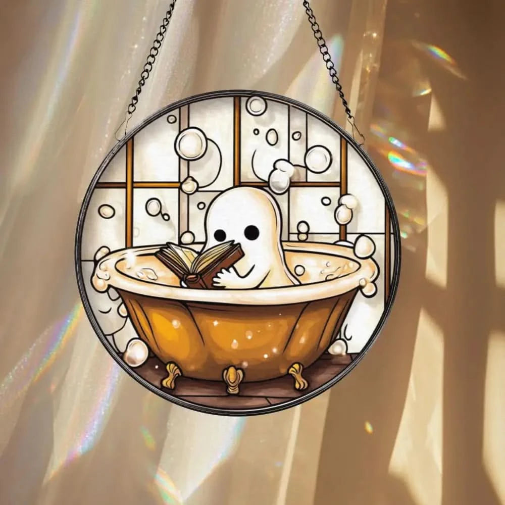 Cute Ghost in Bathtub Stained Glass Suncatcher Book Lover Window Decor Funny Ghost Bathroom Panel Spooky Reading