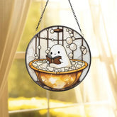 Cute Ghost in Bathtub Stained Glass Suncatcher Funny Book Lover Window Panel Round Whimsical Glass Art Quirky Gift for