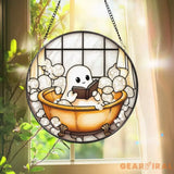 Cute Ghost in Bathtub Stained Glass Suncatcher Funny Reading Ghost Bathroom Decor Book Lover Window Panel Spooky Cute