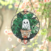 Cute Ghost in Monstera Pot Stained Glass Suncatcher,Green Plant Window Decor,Whimsical Ghost Sun Catcher Gift for