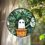 Cute Ghost in Plant Pot Suncatcher Monstera Leaf Stained Glass Panel Funny Window Hanging Kawaii Ghost Decor Plant