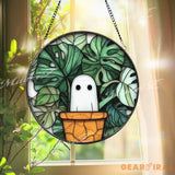 Cute Ghost in Plant Pot Suncatcher Monstera Leaf Stained Glass Panel Funny Window Hanging Kawaii Ghost Decor Plant