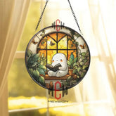 Cute Ghost Reading Stained Glass Suncatcher Window Panel with Plants and Butterflies Cozy Book Lover Gift for Readers &