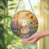 Cute Ghost Stained Glass Suncatcher Round Floral Ghost Window Panel Whimsical Halloween Decor Spooky Cottagecore Gift