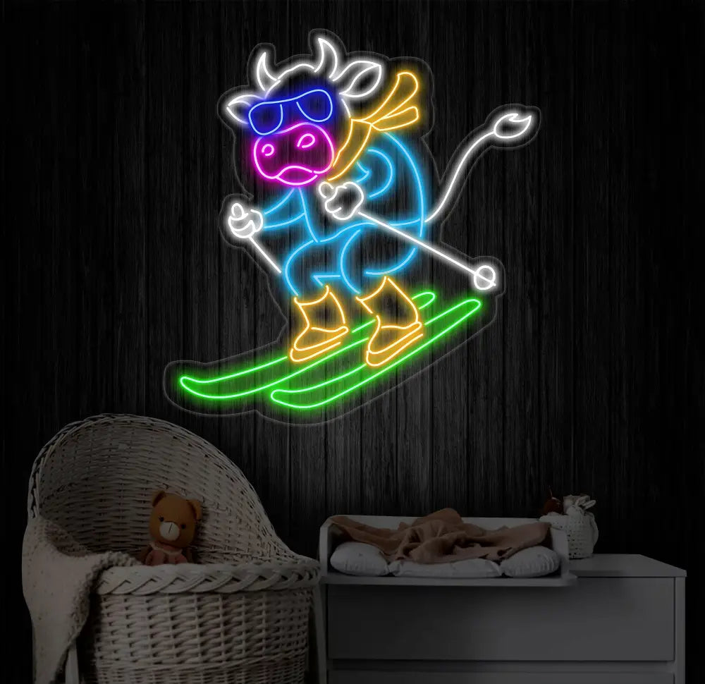 Dairy Cow Skiing Neon Sign Cow Led Sign Cow Skiing Sport Neon Light Cow Led Light Animal Farm House Wall Art Animal