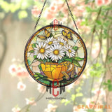Daisy and Butterfly Stained Glass Suncatcher Yellow Teacup Window Hanging Panel Cheerful Floral Decor for Garden Porch