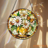 Daisy Butterfly Stained Glass Suncatcher Yellow Floral Teacup Window Panel Spring Garden Decor Gift for Nature and