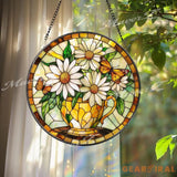 Daisy Butterfly Stained Glass Suncatcher Yellow Floral Teacup Window Panel Spring Garden Decor Gift for Nature and