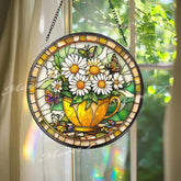 Daisy Stained Glass Suncatcher Yellow Teacup Window Panel with Butterflies Floral Spring Window Decor Cottagecore Gift