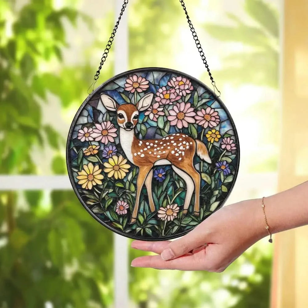 Deer in Flower Garden Stained Glass Suncatcher Fawn and Wildflowers Window Hanging Woodland Animal Glass Art Nature