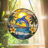 Dolphin Stained Glass Suncatcher Tropical Sunset Ocean Panel Beach Decor Window Hanging Coastal Sea Art Summer Home