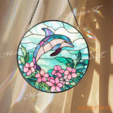 Dolphin Stained Glass Suncatcher with Pink Flowers Ocean Themed Window Hanging Coastal Marine Decor Gift for Beach Lover