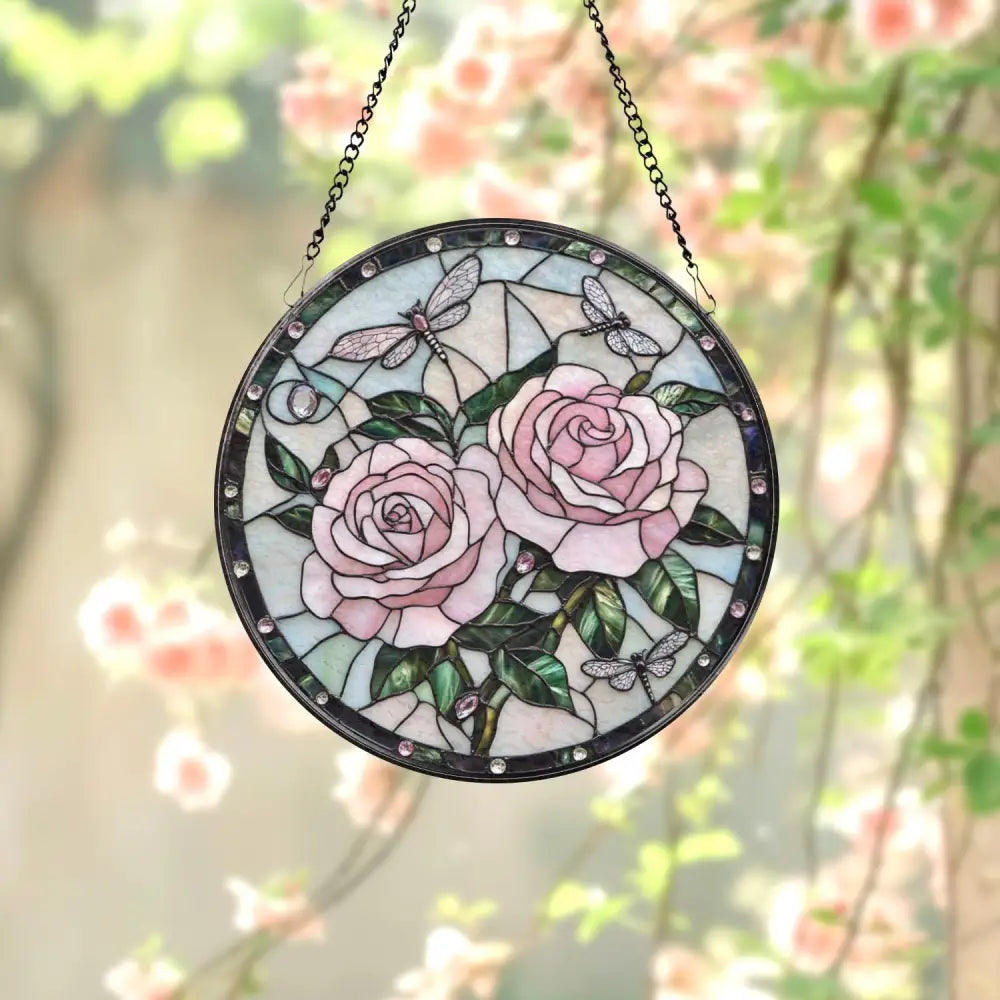 Double Dragonfly and Lotus Stained Glass Suncatcher Elegant Floral Window Hanging Nature-Inspired Decor Gift for Garden