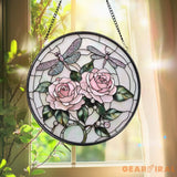 Double Dragonfly and Lotus Stained Glass Suncatcher Floral Window Hanging Zen Garden Decor Nature-Inspired Art Gift for