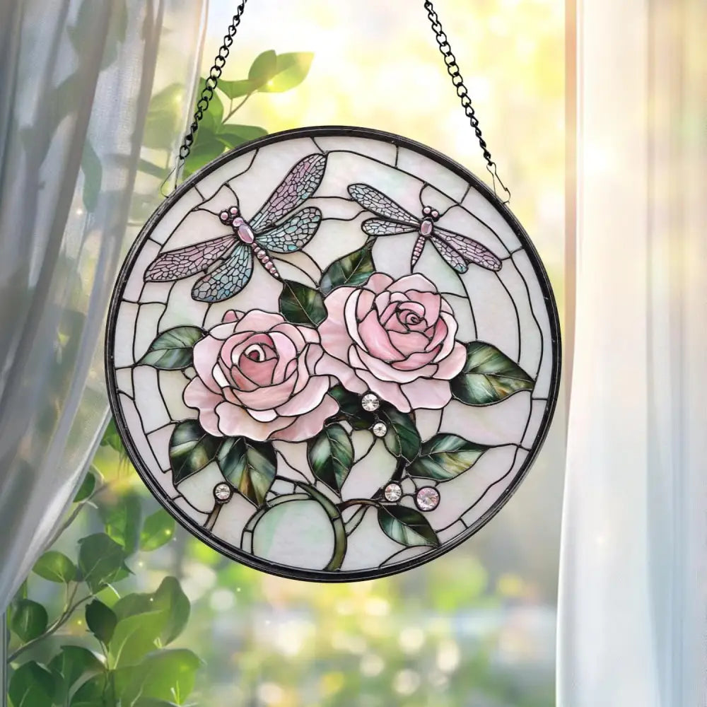 Double Dragonfly and Lotus Stained Glass Suncatcher Floral Window Hanging Zen Garden Decor Nature-Inspired Art Gift for