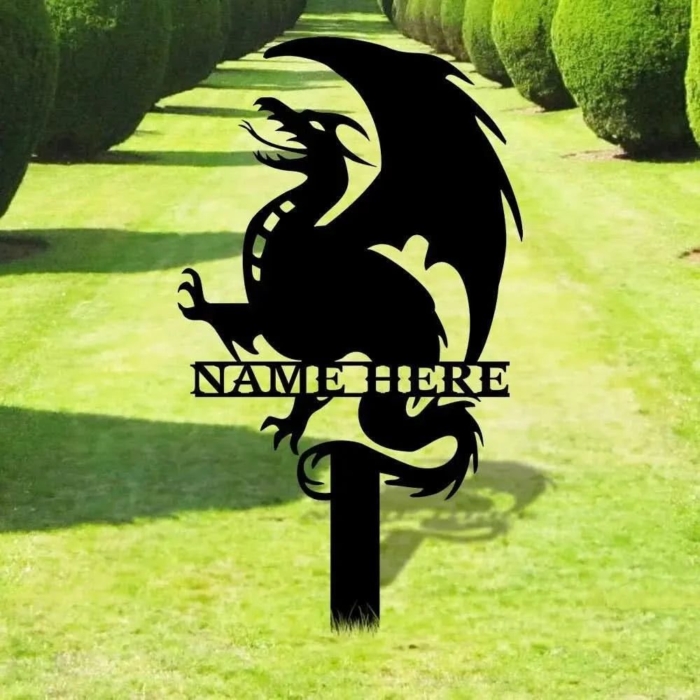 Dragon Security Custom Metal Stake - Dragon Garden Decor - Personalize Dragon Garden Metal Sign - Dragon Garden Yard