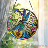 Dragonfly Stained Glass Window Panel - Colorful Suncatcher with Flowers - Handcrafted Art Decor