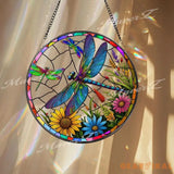 Dragonfly Stained Glass Window Panel - Colorful Suncatcher with Flowers - Handcrafted Art Decor