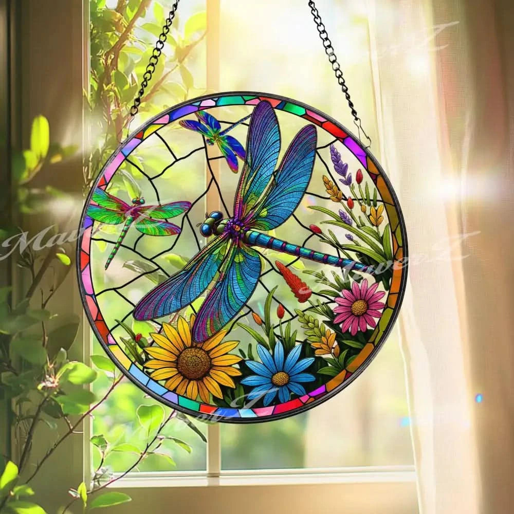 Dragonfly Stained Glass Window Panel - Colorful Suncatcher with Flowers - Handcrafted Art Decor