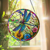 Dragonfly Stained Glass Window Panel - Colorful Suncatcher with Flowers - Handcrafted Art Decor