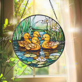 Ducklings Stained Glass Suncatcher Baby Ducks Window Hanging Panel Pond Water Lily Glass Art for Spring Garden or