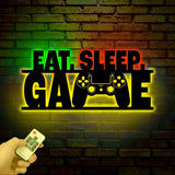 Eat Sleep Game LED Metal Sign Video Game Controller Wall Art Gamer Room Decor Gaming Decor for Home Gift for Boyfriend