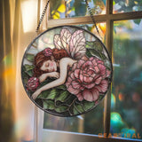 Fairies & Peony Glass Window Hanging Enchanted Flower Fairy Suncatcher Whimsical Wall Art Gift for Girlfriend Fairy