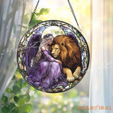 Fairy and Lion Stained Glass Suncatcher Enchanted Purple Angel Window Decor Fantasy Creature Art Gift for Her or Nature