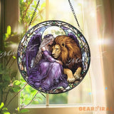 Fairy and Lion Stained Glass Suncatcher Enchanted Purple Angel Window Decor Fantasy Creature Art Gift for Her or Nature