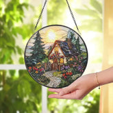 Fairy Cottage Stained Glass Suncatcher Round Glass Window Hanging Floral Garden House Decor Whimsical Gift for Nature
