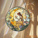 Fairy Moon Stained Glass Suncatcher Fantasy Fairy Window Hanging Art Crescent Moon Butterfly Glass Panel Whimsical