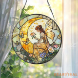 Fairy Moon Stained Glass Suncatcher Fantasy Fairy Window Hanging Art Crescent Moon Butterfly Glass Panel Whimsical
