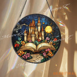 Fairy Tale Castle Stained Glass Suncatcher Open Book Fantasy Window Hanging Magical Storybook Art for Dreamers and Book